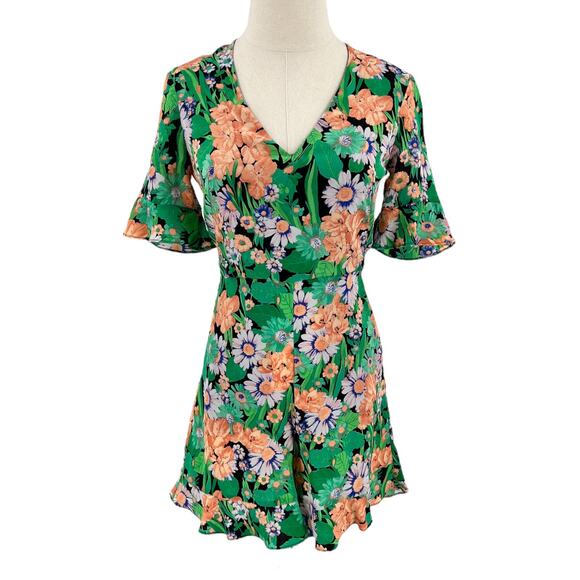 Sandro Eudelin Floral Print Silk V Neck Romper Green Size 34 US 2 - Picture 1 of 14